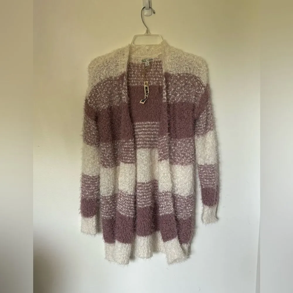 Moral Fiber NWT Fuzzy Striped Open Front Cardigan Purple White Size S